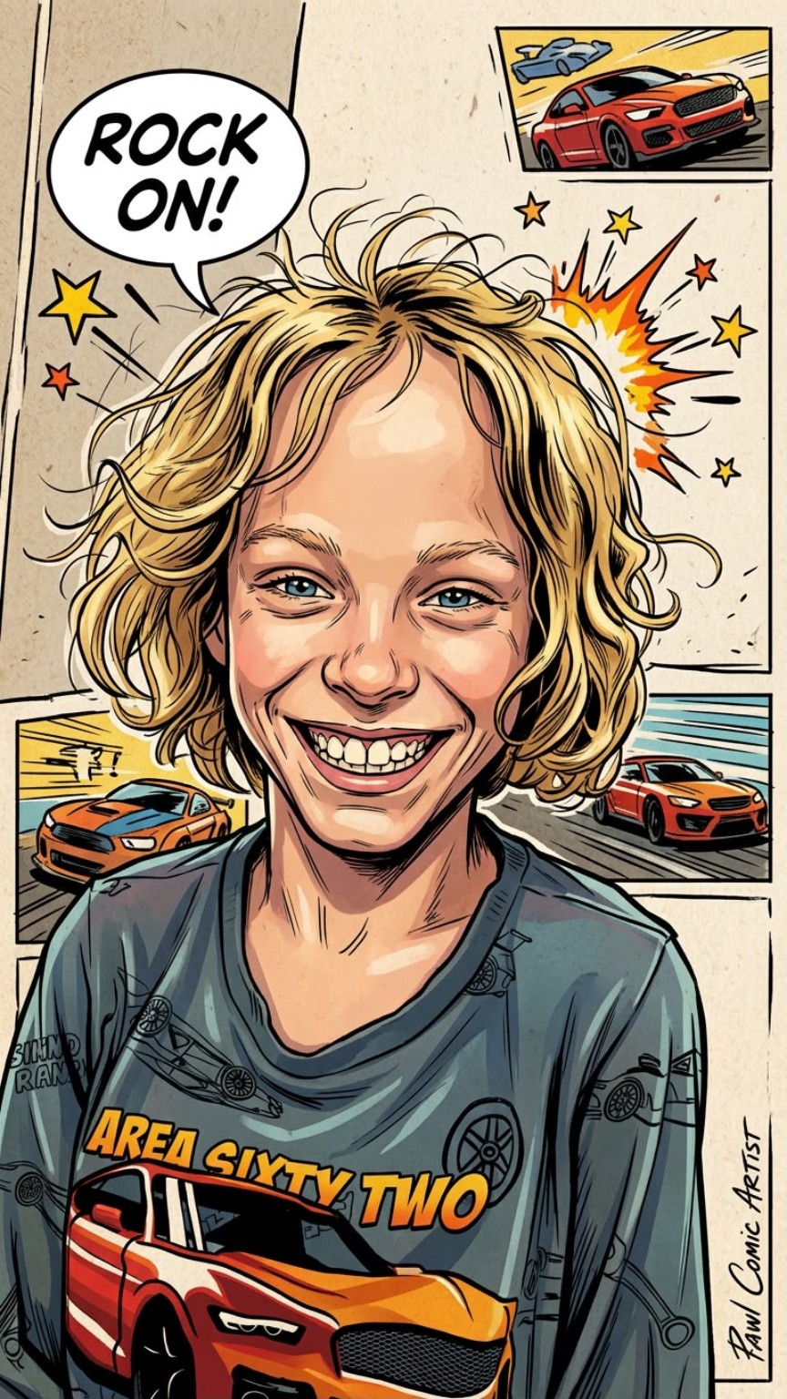 Comic-style portrait of Leo with cars and a Rock On speech bubble