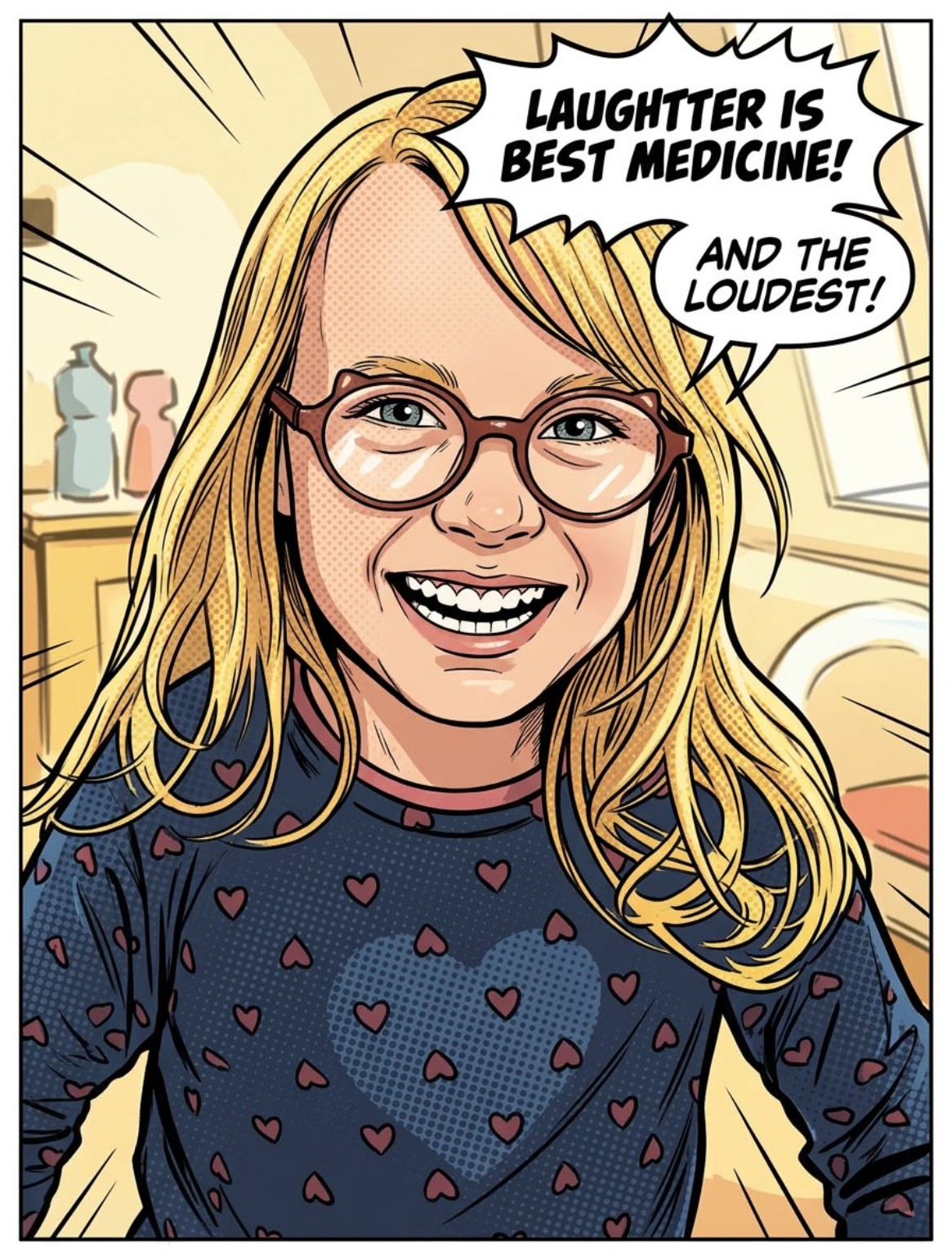 Comic-style portrait of Mieke with a laughter speech bubble